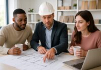 A couple meeting with a home builder at a table covered with blueprints and a laptop in a bright office.