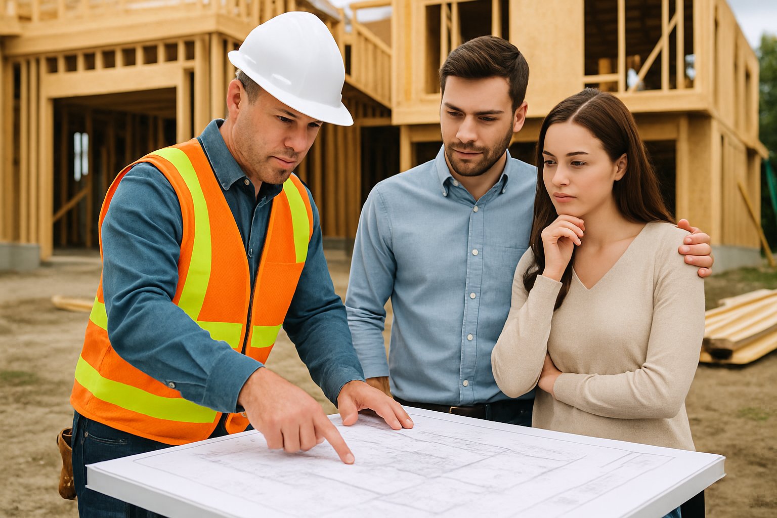 A home builder wearing a hard hat discusses blueprints with a young couple at a house construction site.