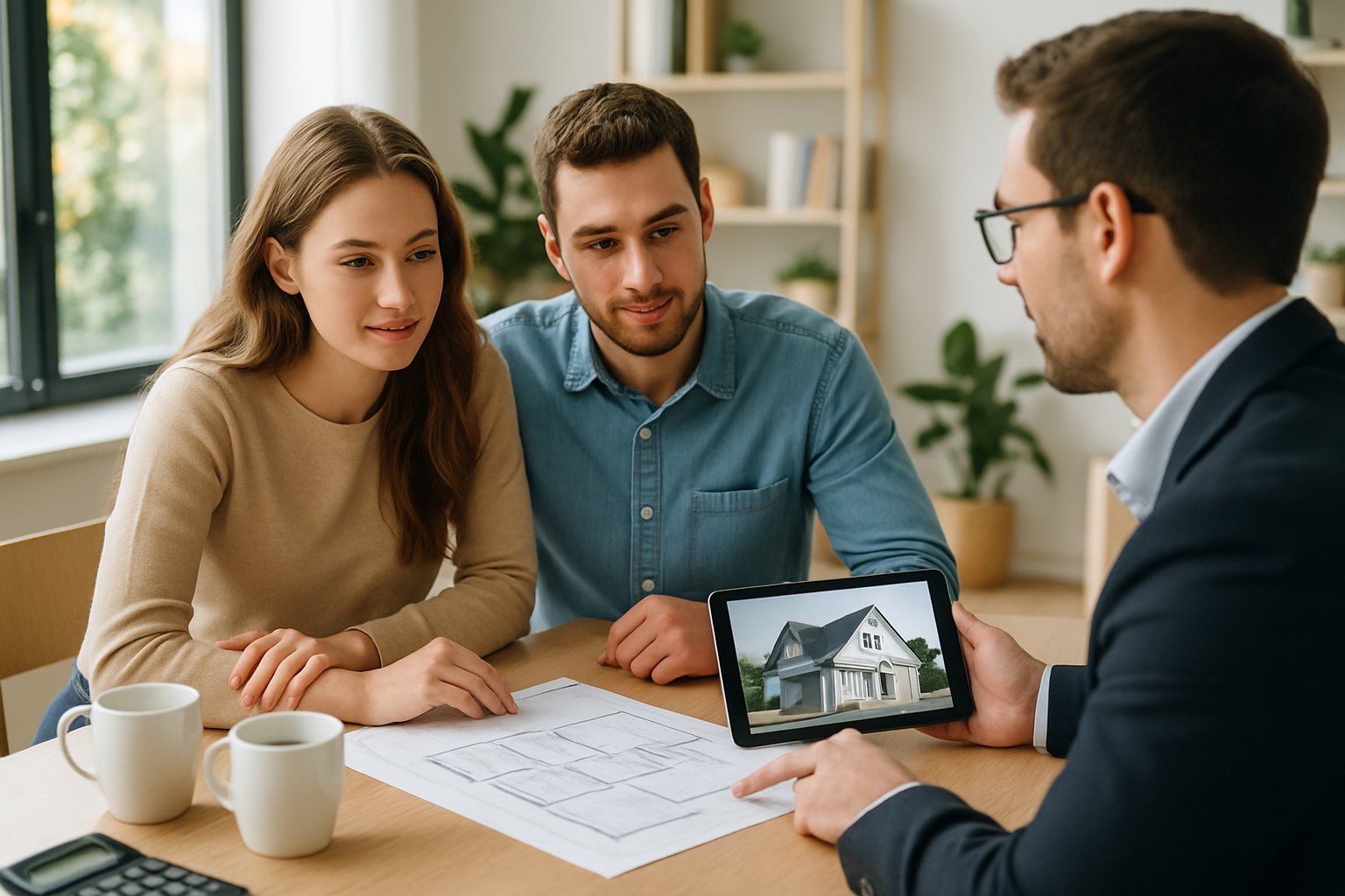 A young couple discussing house plans with a home builder at a table in a bright home office.