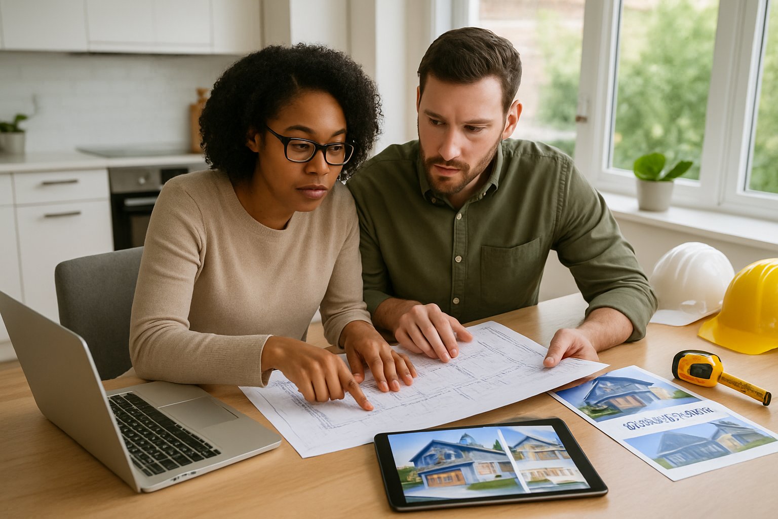A couple sitting at a kitchen table reviewing home building plans and brochures with a laptop and construction tools nearby.