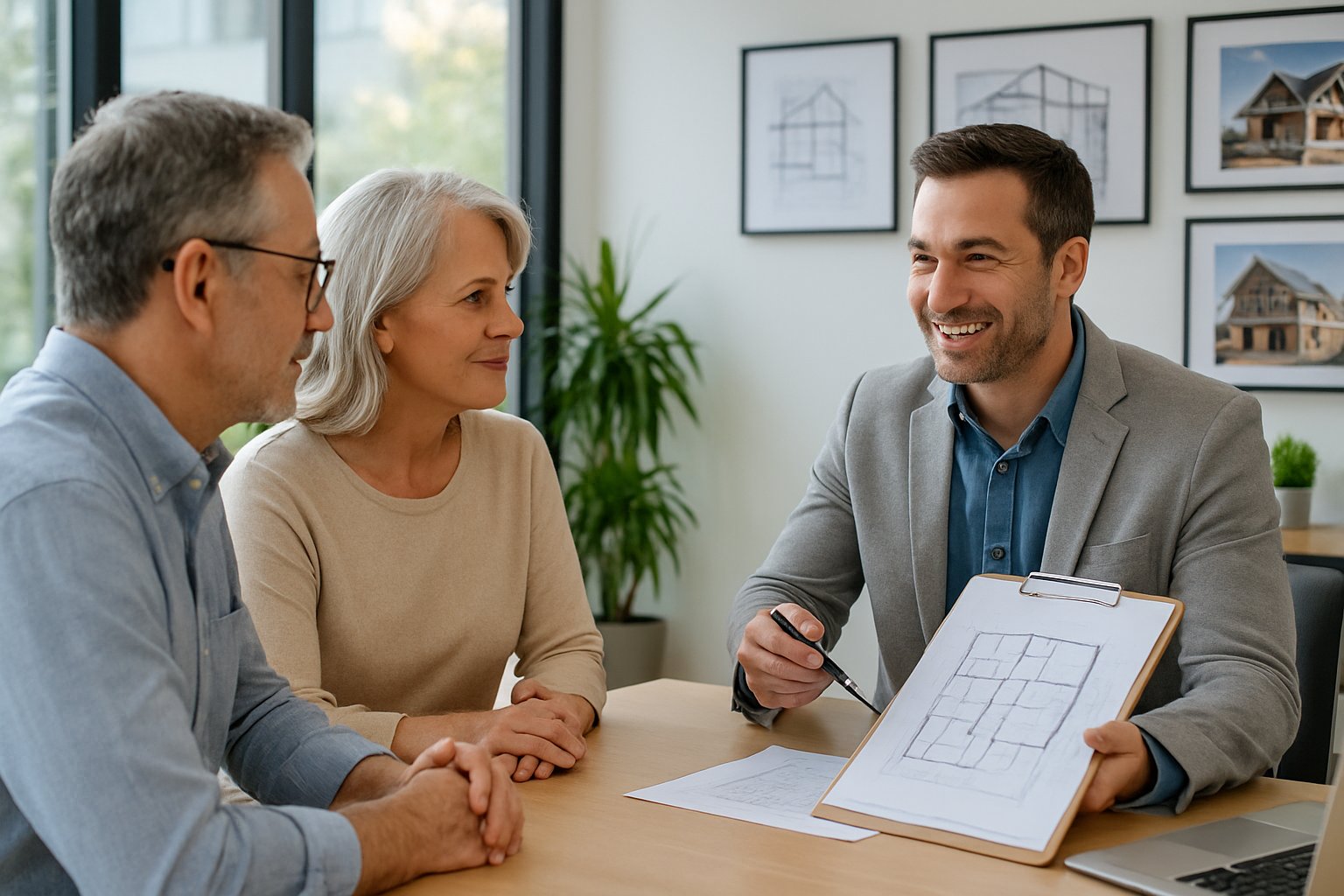 A couple interviewing a home builder in a bright office with architectural plans and blueprints on the wall.