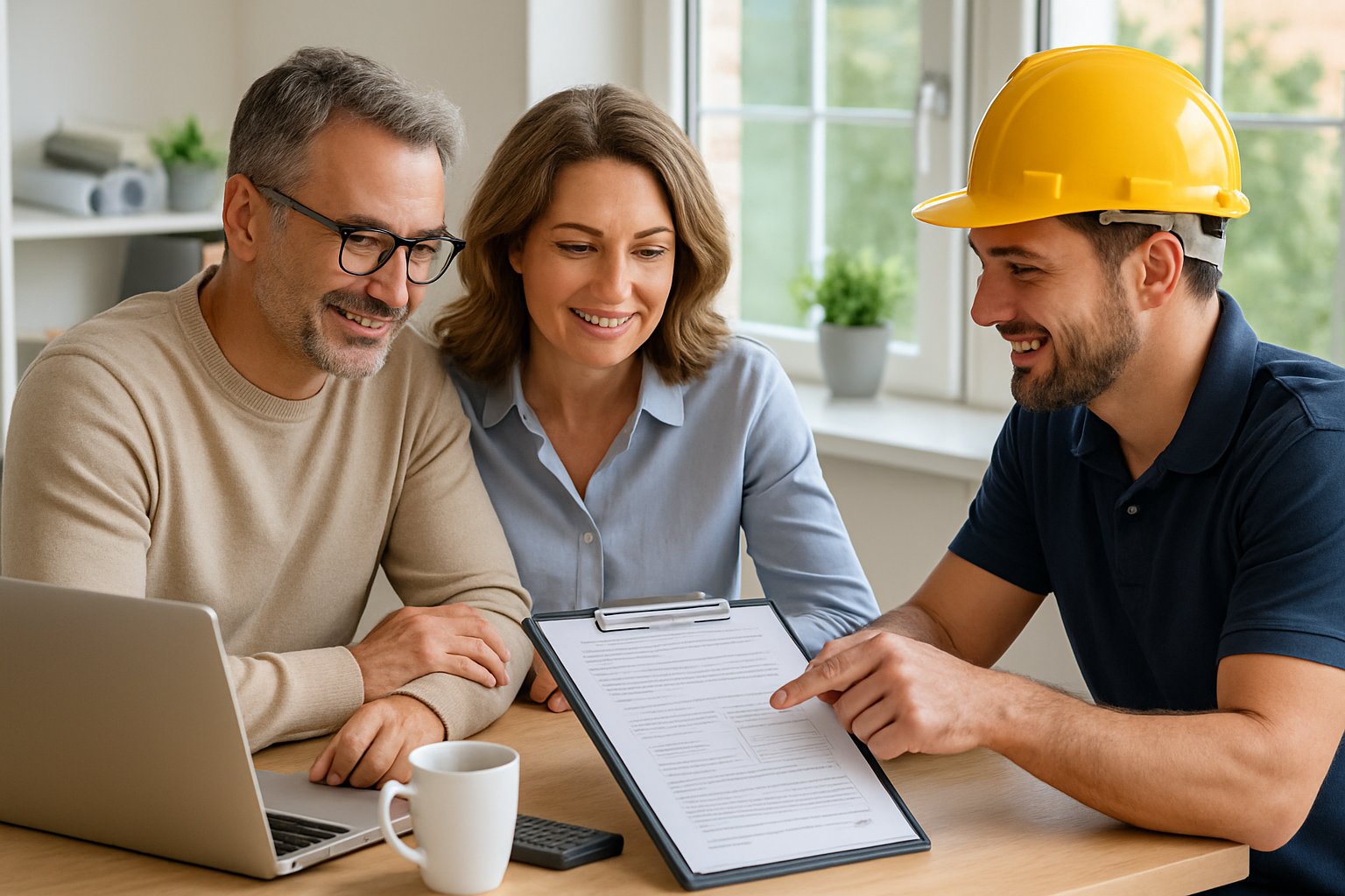 A couple sitting at a desk with a home builder, reviewing documents together in a bright office space.