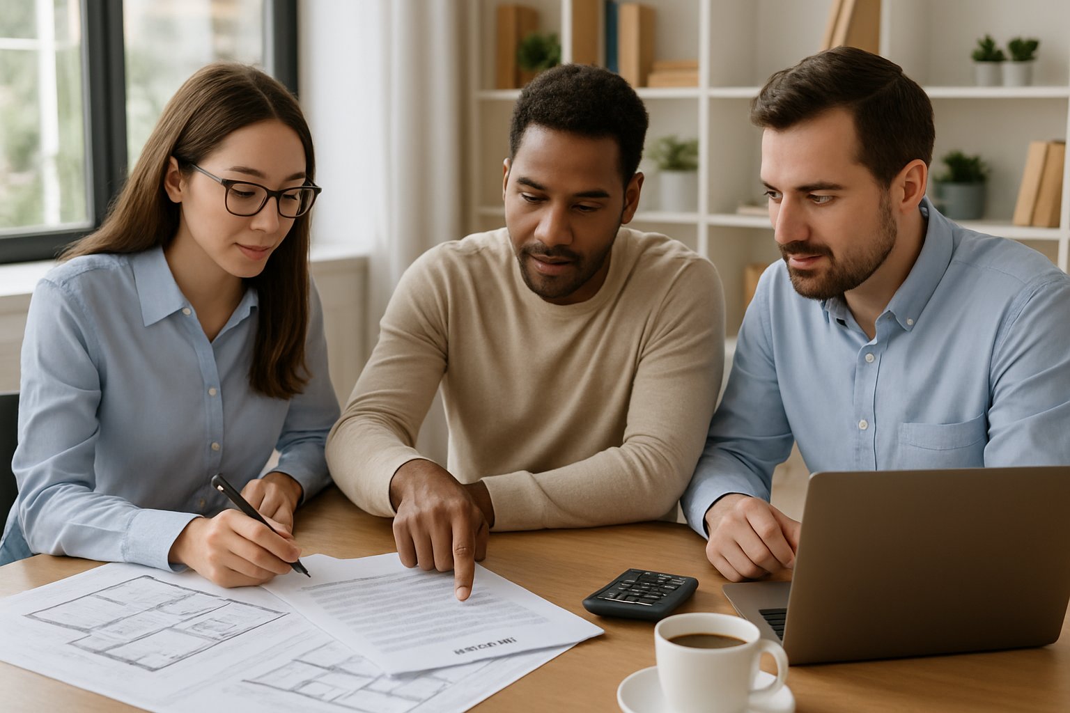 Three adults sitting around a table reviewing documents and blueprints during a home building consultation.