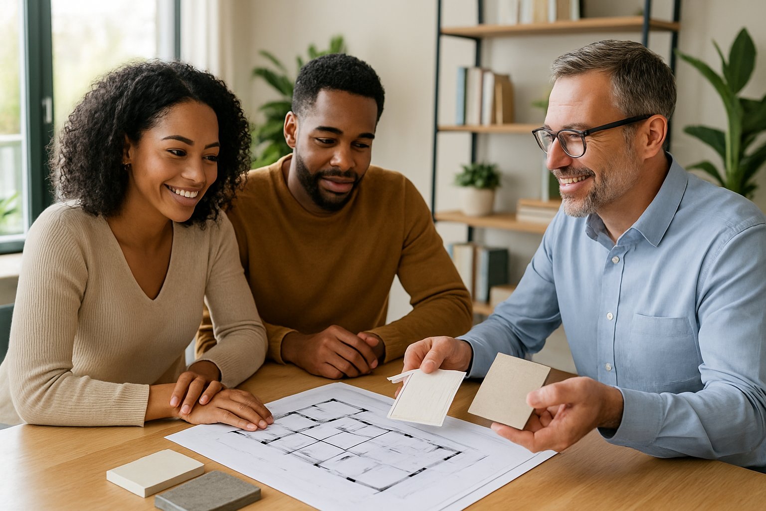 A couple meeting with a home builder at a table, reviewing building plans together in a bright room.