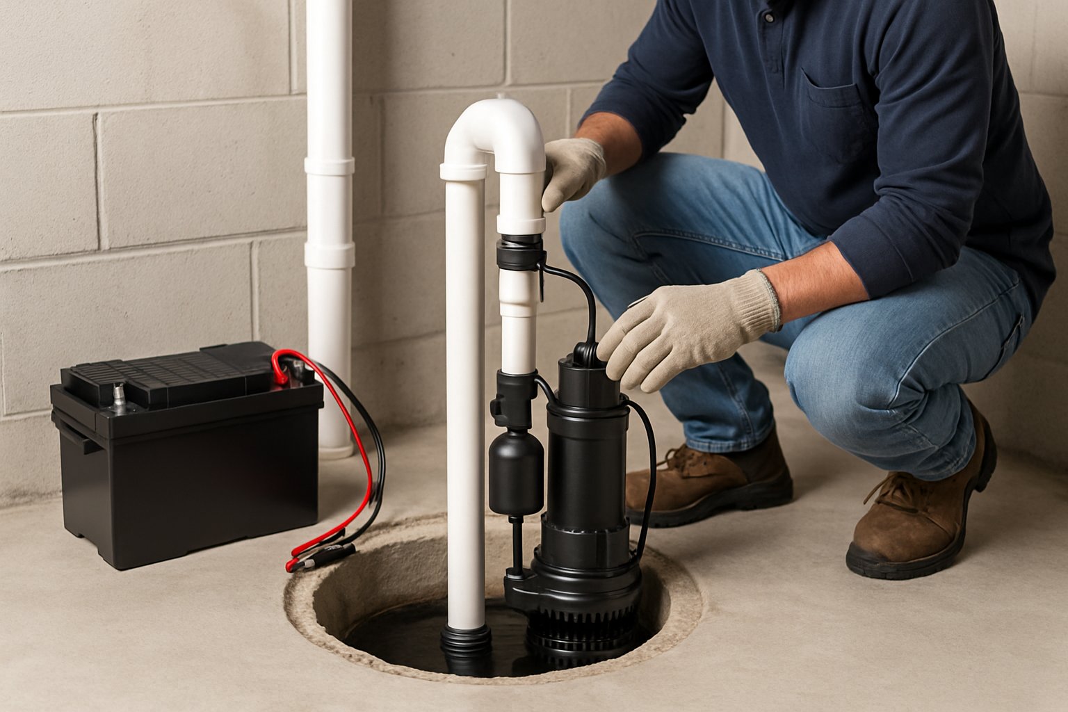 A technician installing a sump pump with a battery backup in a clean basement corner.