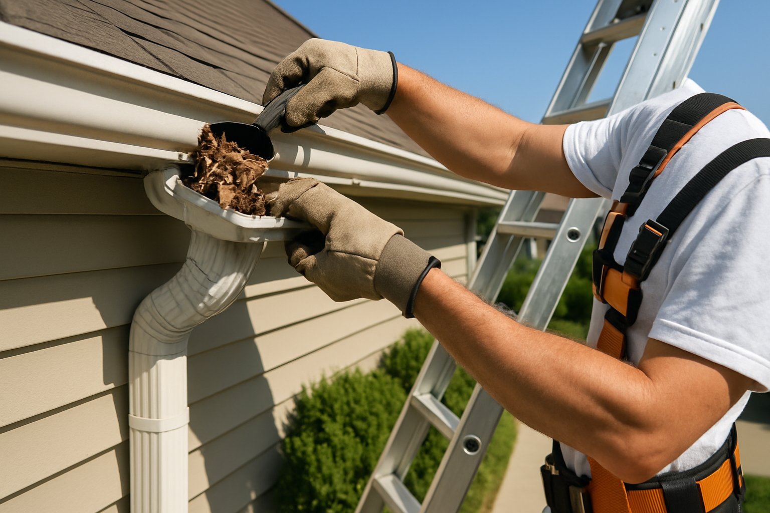 Person cleaning leaves from a residential roof gutter using gloves and a ladder.