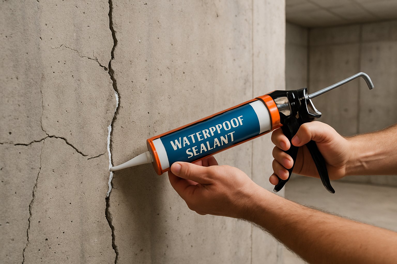 Close-up of hands sealing cracks in a basement concrete wall with waterproof sealant.
