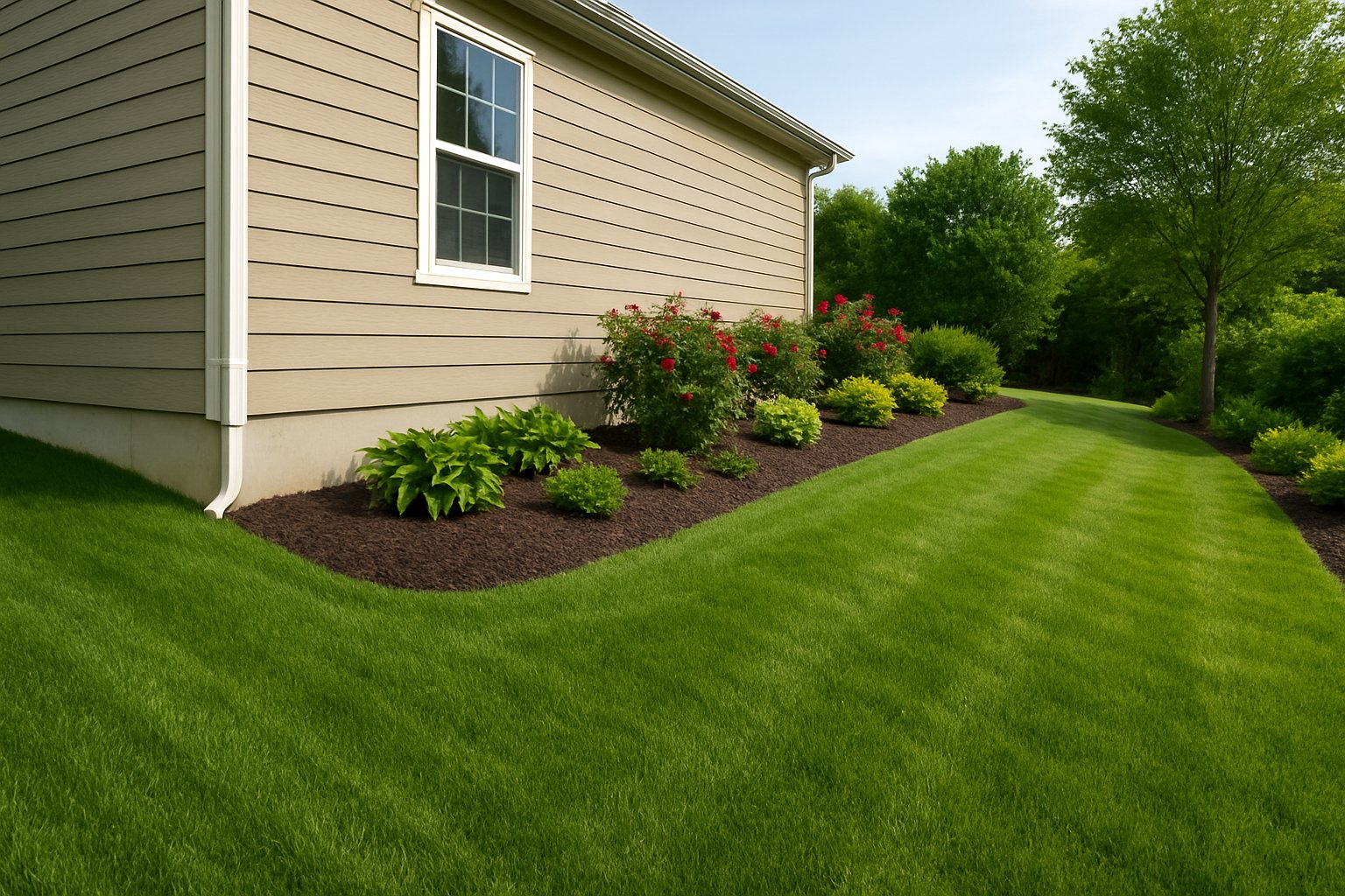 A house with landscaping sloped away from its foundation to direct water runoff.