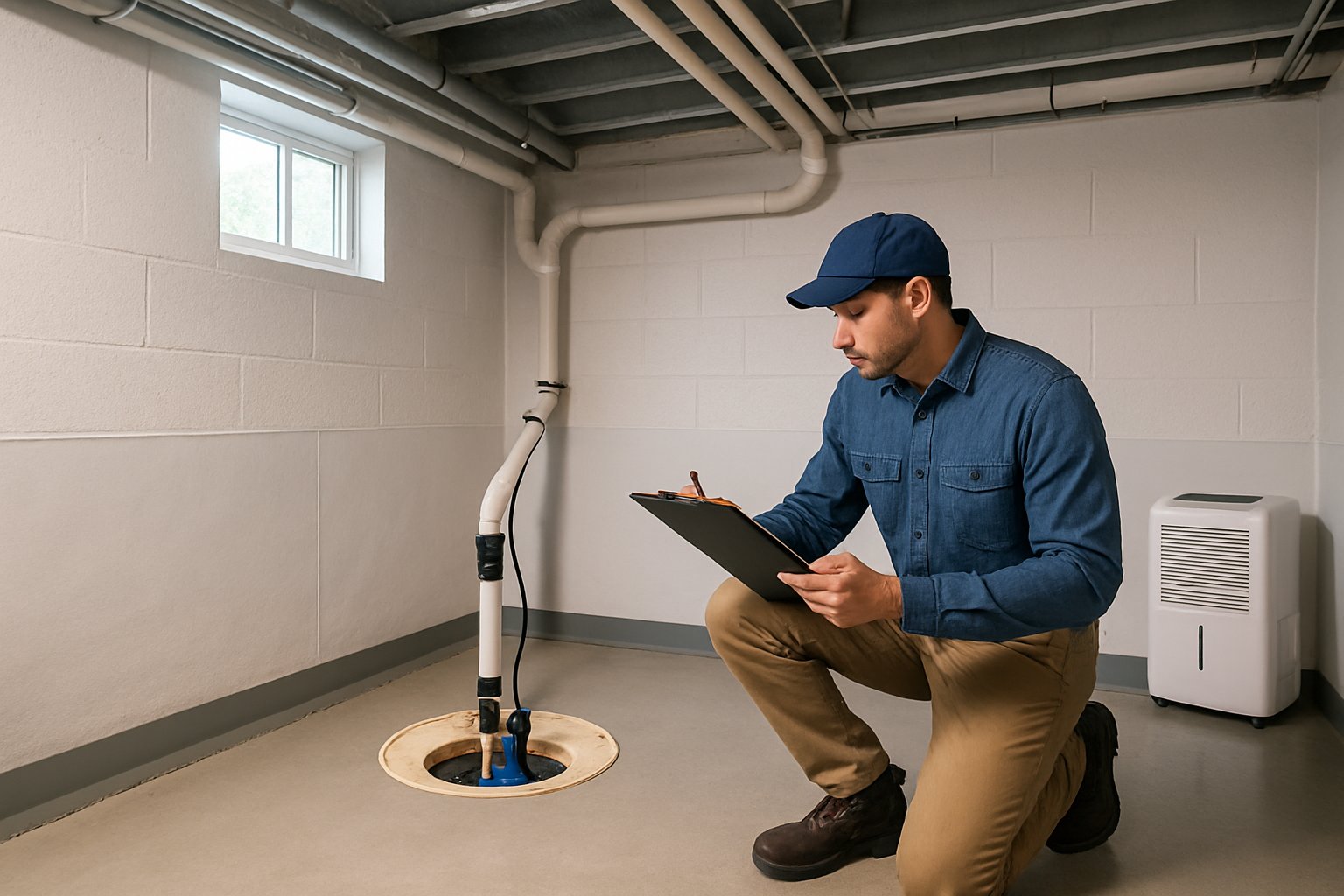 A person inspecting a sump pump in a clean basement with drainage pipes and a dehumidifier.
