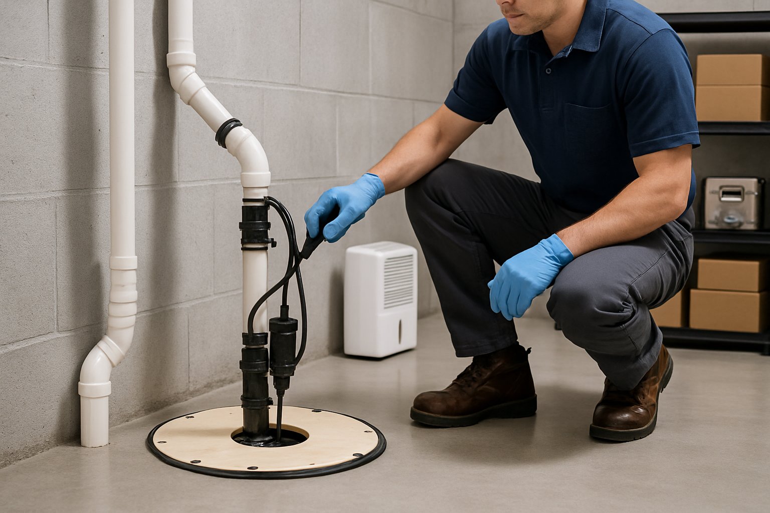 A clean basement with a sump pump, dehumidifier, and a technician inspecting equipment to prevent flooding.