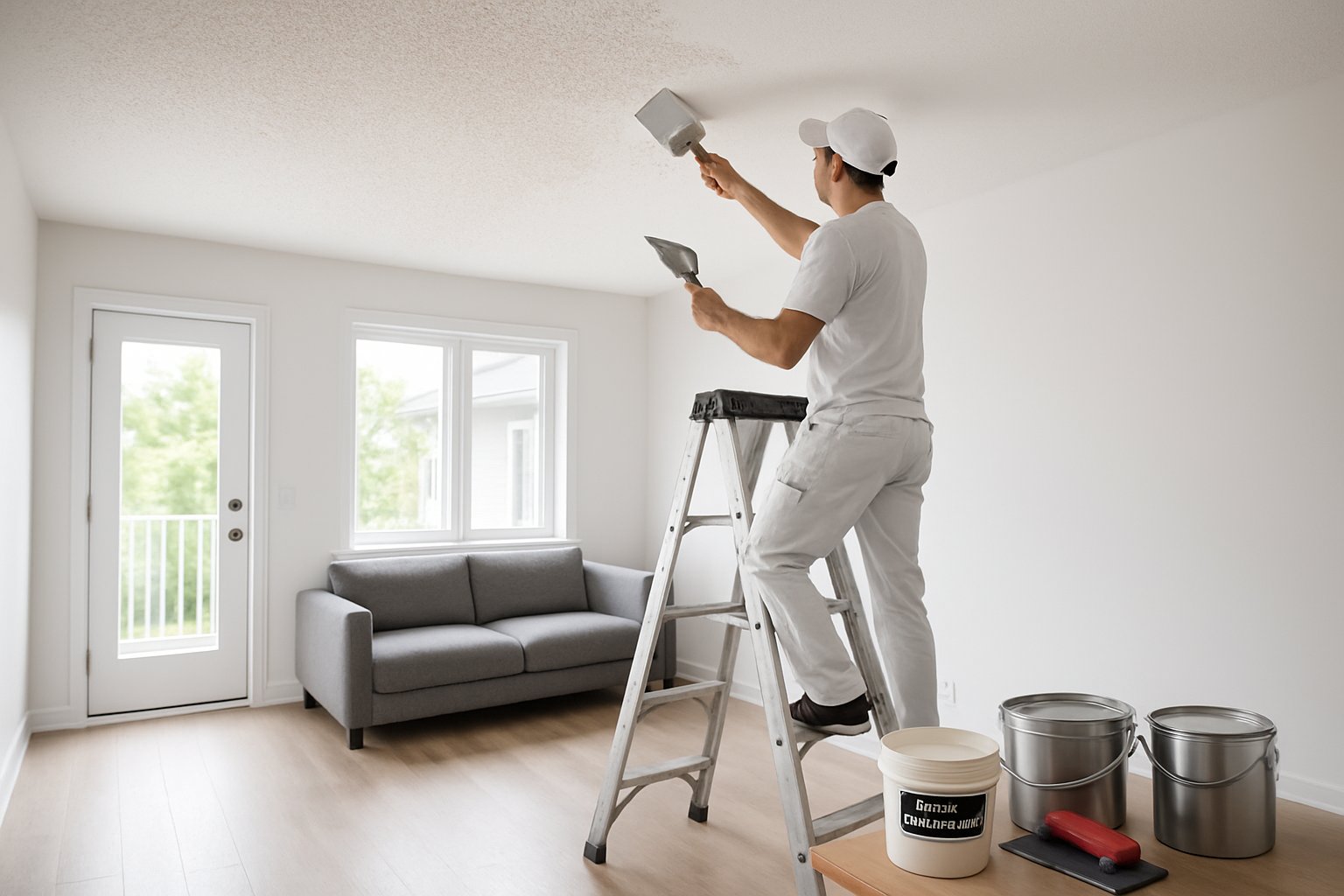 A worker removing a popcorn ceiling in a bright, modern home with repair tools nearby.