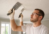 Worker repairing a ceiling with tools and ladder