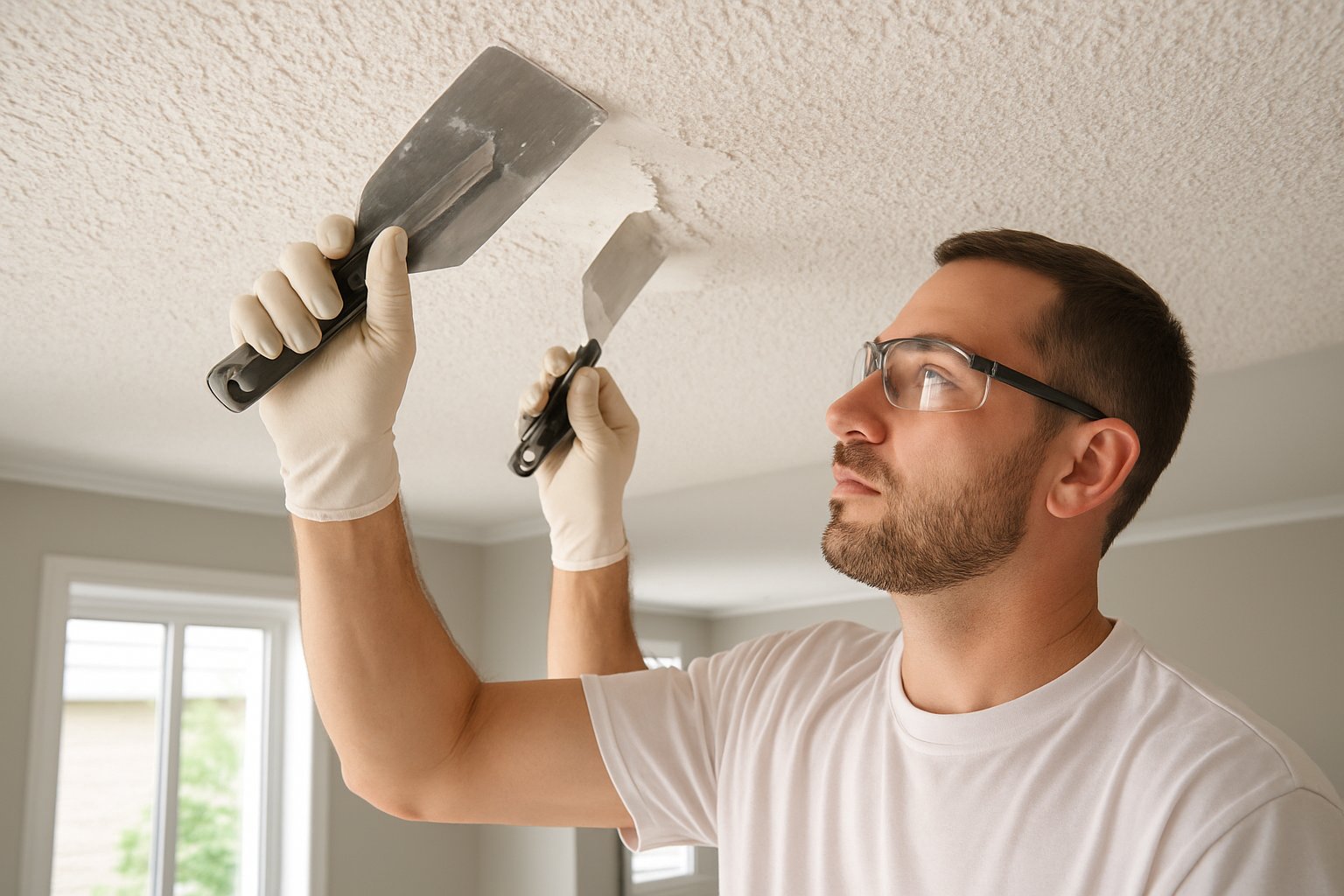 A worker repairing a textured stucco ceiling inside a residential home using tools.