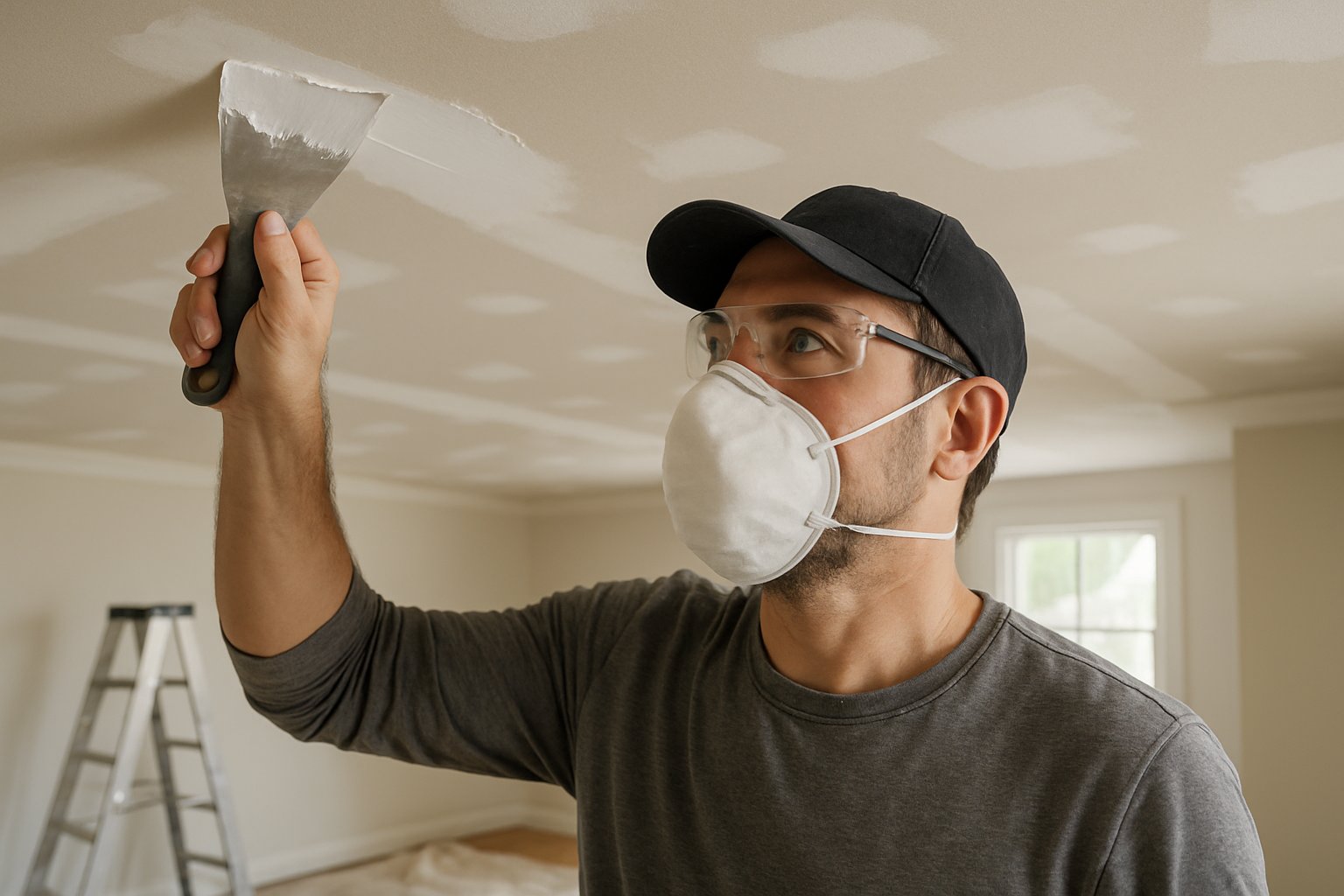 A worker repairing drywall on a home ceiling using a putty knife and joint compound.
