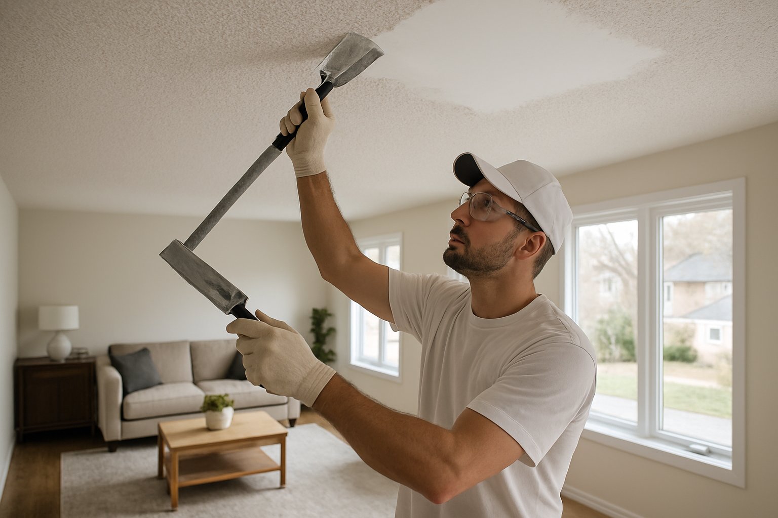 A worker removing textured ceiling material in a living room to create a smooth ceiling surface.