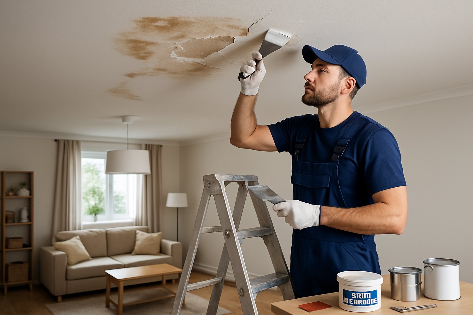A repair technician fixing a damaged ceiling in a living room with tools and repair materials nearby.