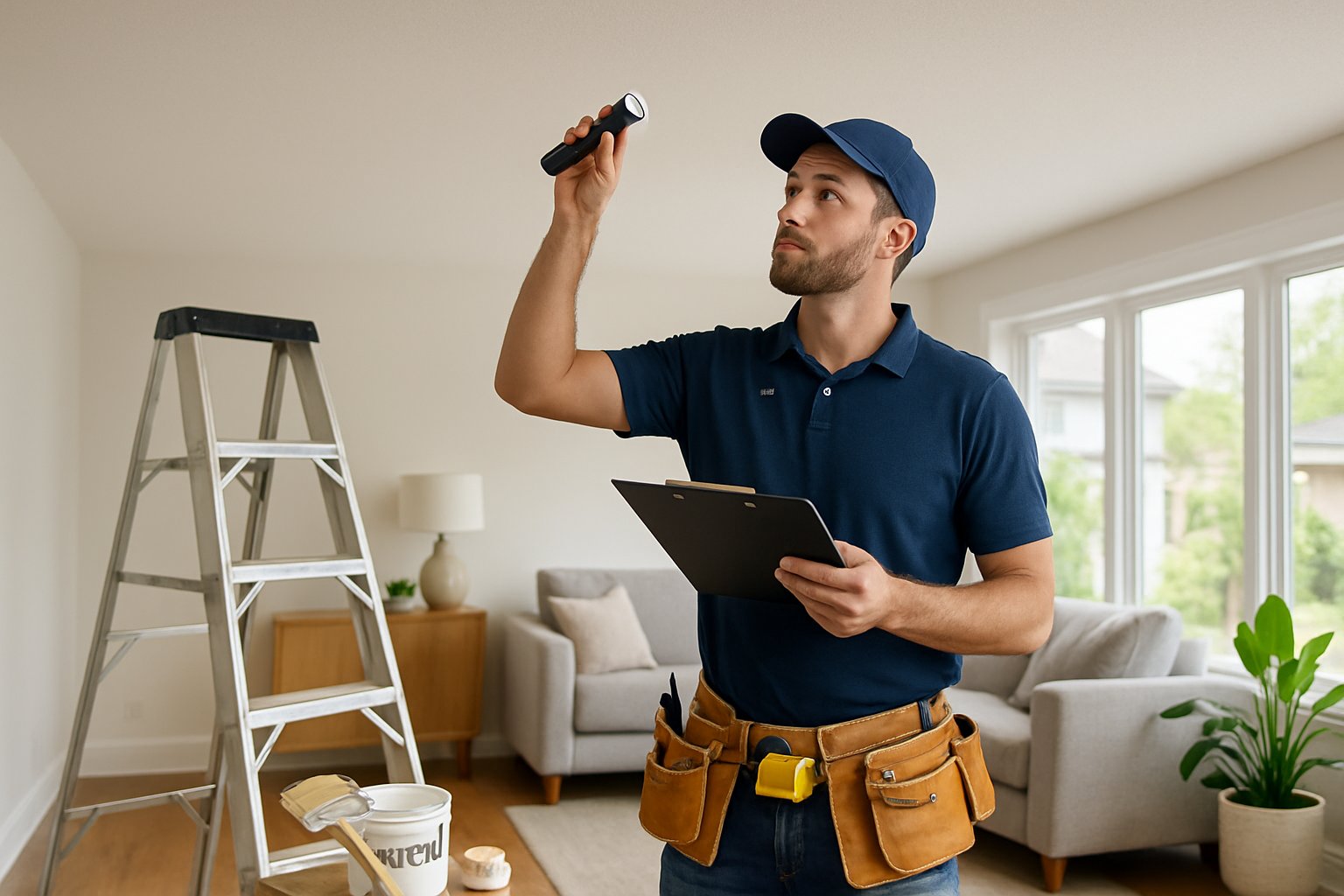 A handyman inspecting a clean ceiling in a bright living room with tools nearby and natural light coming through windows.