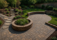 Top view of a modern hardscaped yard with stone pathways and greenery creating a