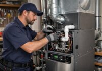 Technician installing a furnace in a home's basement in 2026