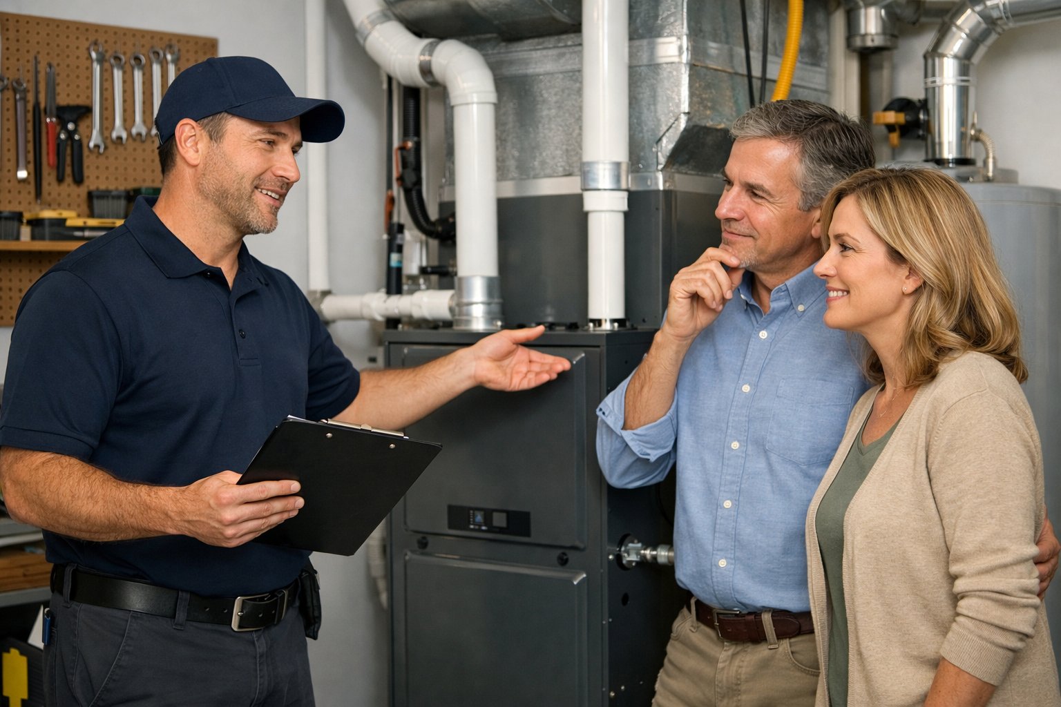 A couple discussing furnace options with a contractor next to a newly installed furnace inside a home.