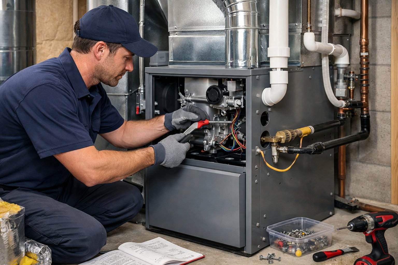A technician installing a furnace in a home utility room, surrounded by ductwork and tools.