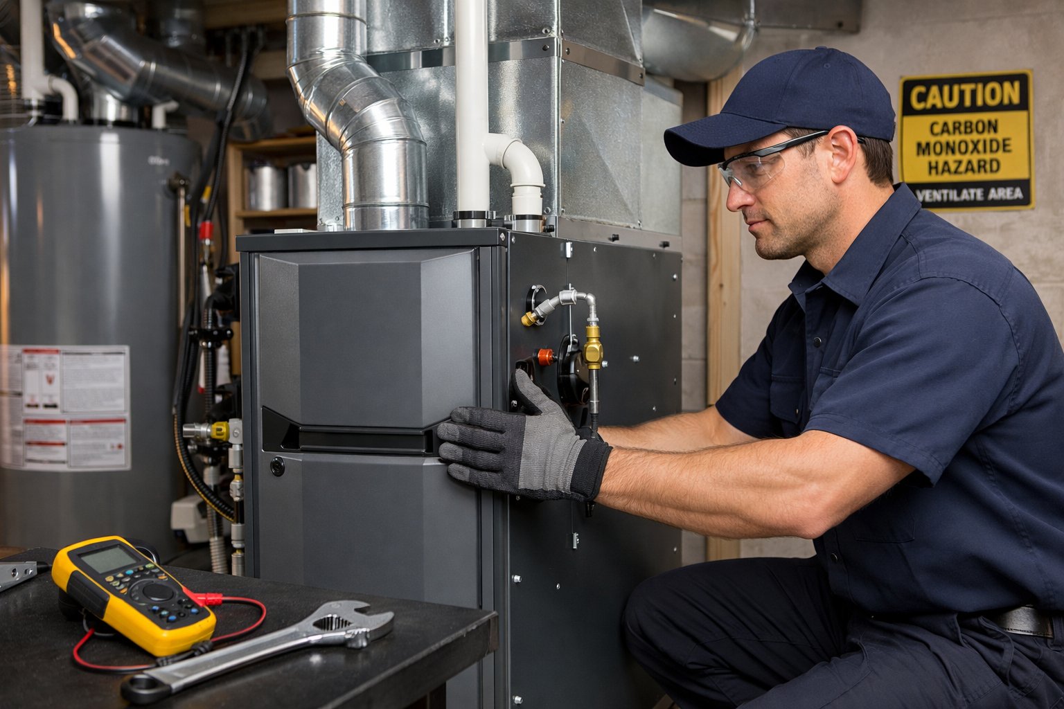 A technician installing a modern furnace in a residential basement with tools and ductwork visible.