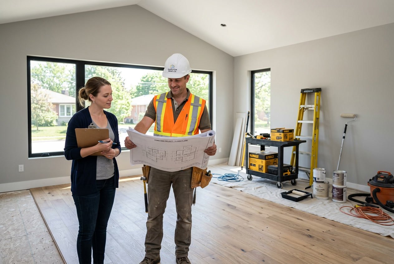 A contractor and homeowner discussing renovation plans inside a bright living room with construction tools and partially finished floors.