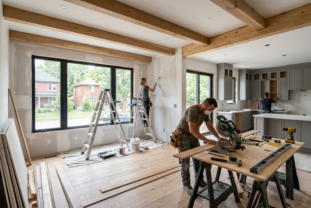 A spacious living room and kitchen area in a house undergoing renovation with construction tools and materials visible.