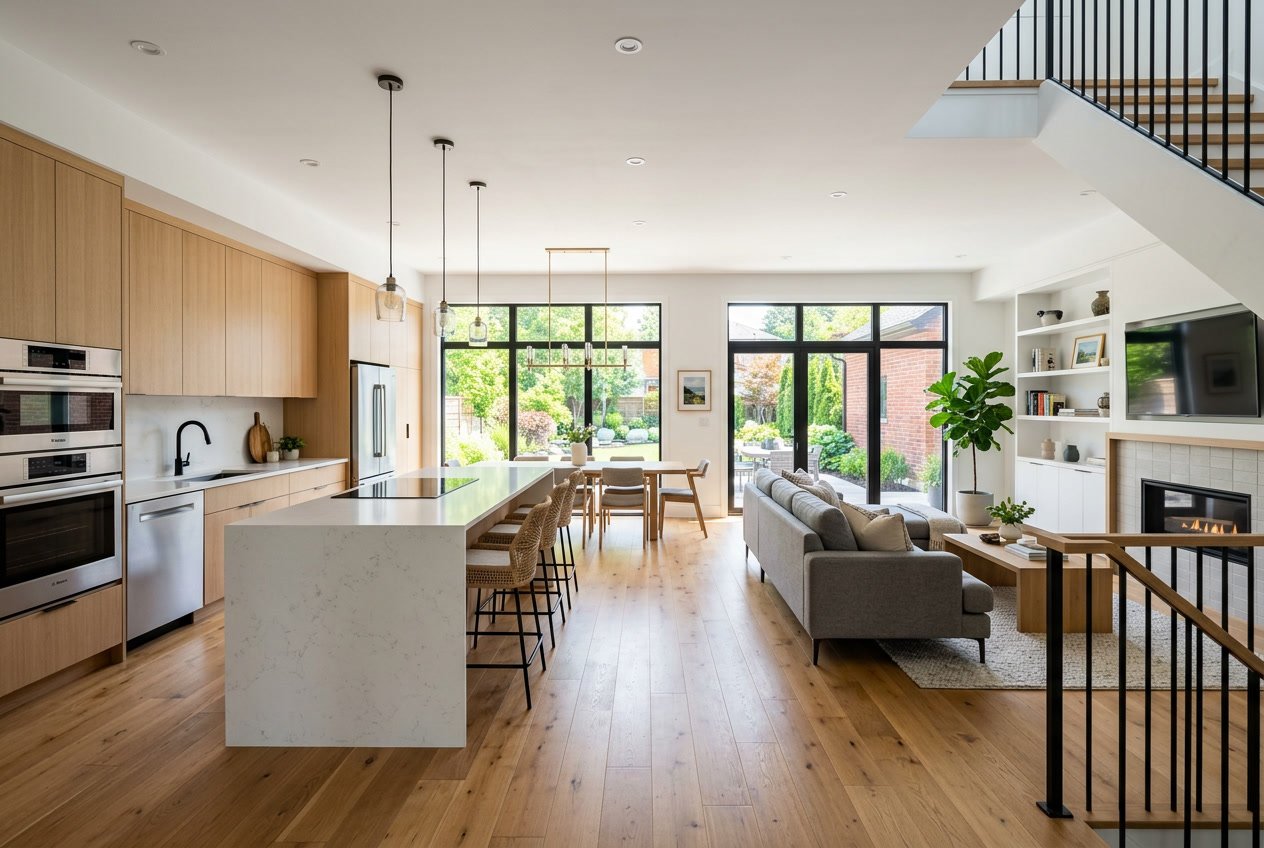 A spacious, modern living area with a kitchen and seating area, showing a recently renovated house interior.