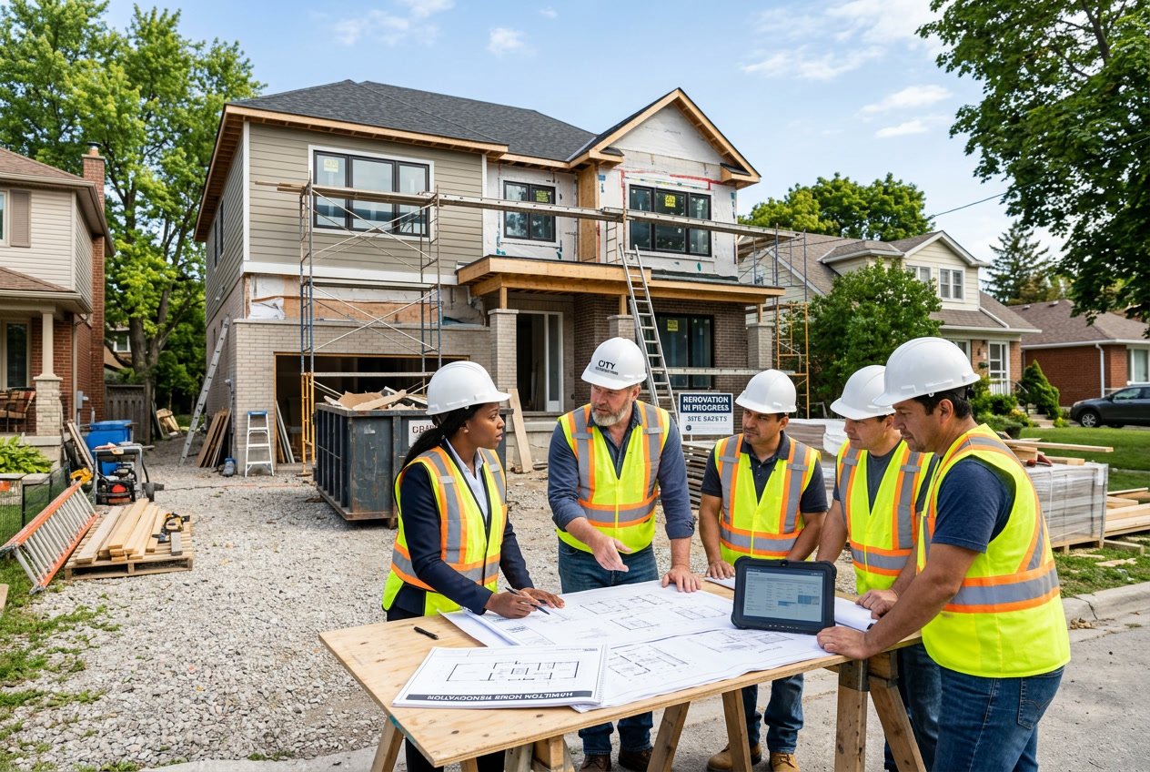 A group of professionals discussing renovation plans outside a house under construction in a suburban neighborhood.