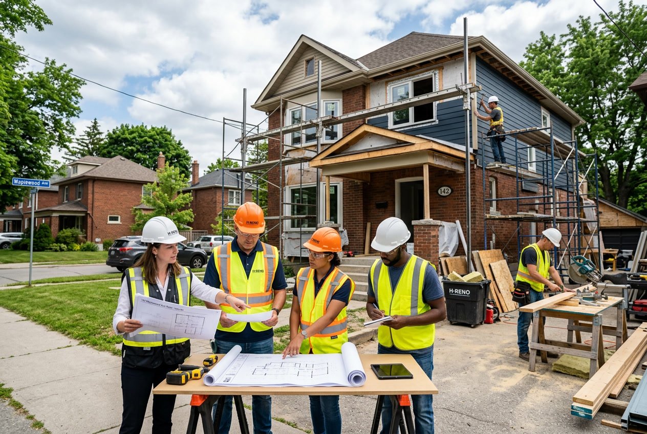 Contractors and architects working together on a house renovation project in a suburban neighborhood.