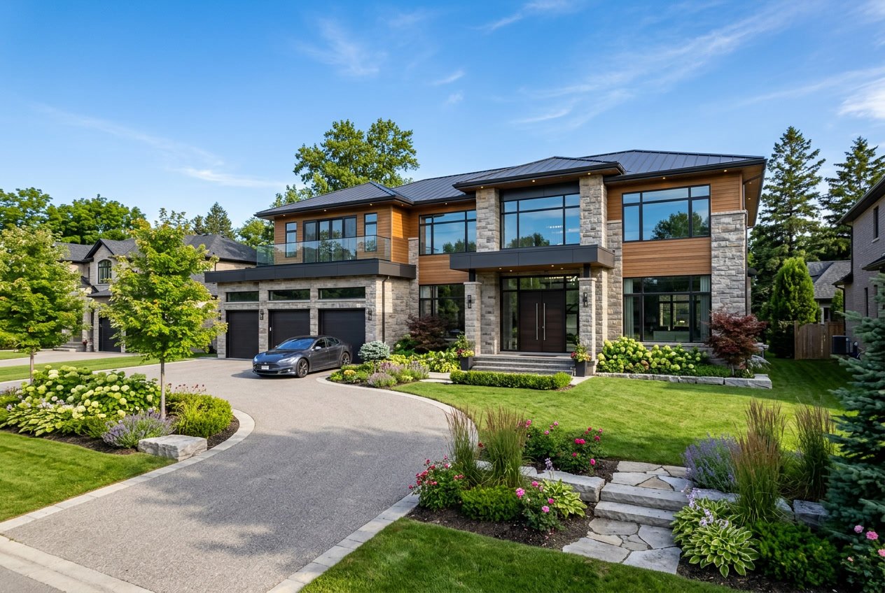 A large, elegant custom-built house with glass windows and landscaped yard in a quiet neighborhood.