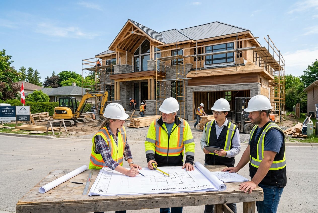 Builders and architects working on plans at a luxury home construction site with a partially built house in the background.