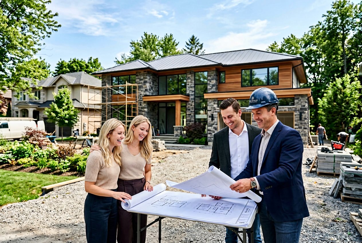 A couple discussing blueprints with a builder in front of a luxury custom home under construction surrounded by trees.