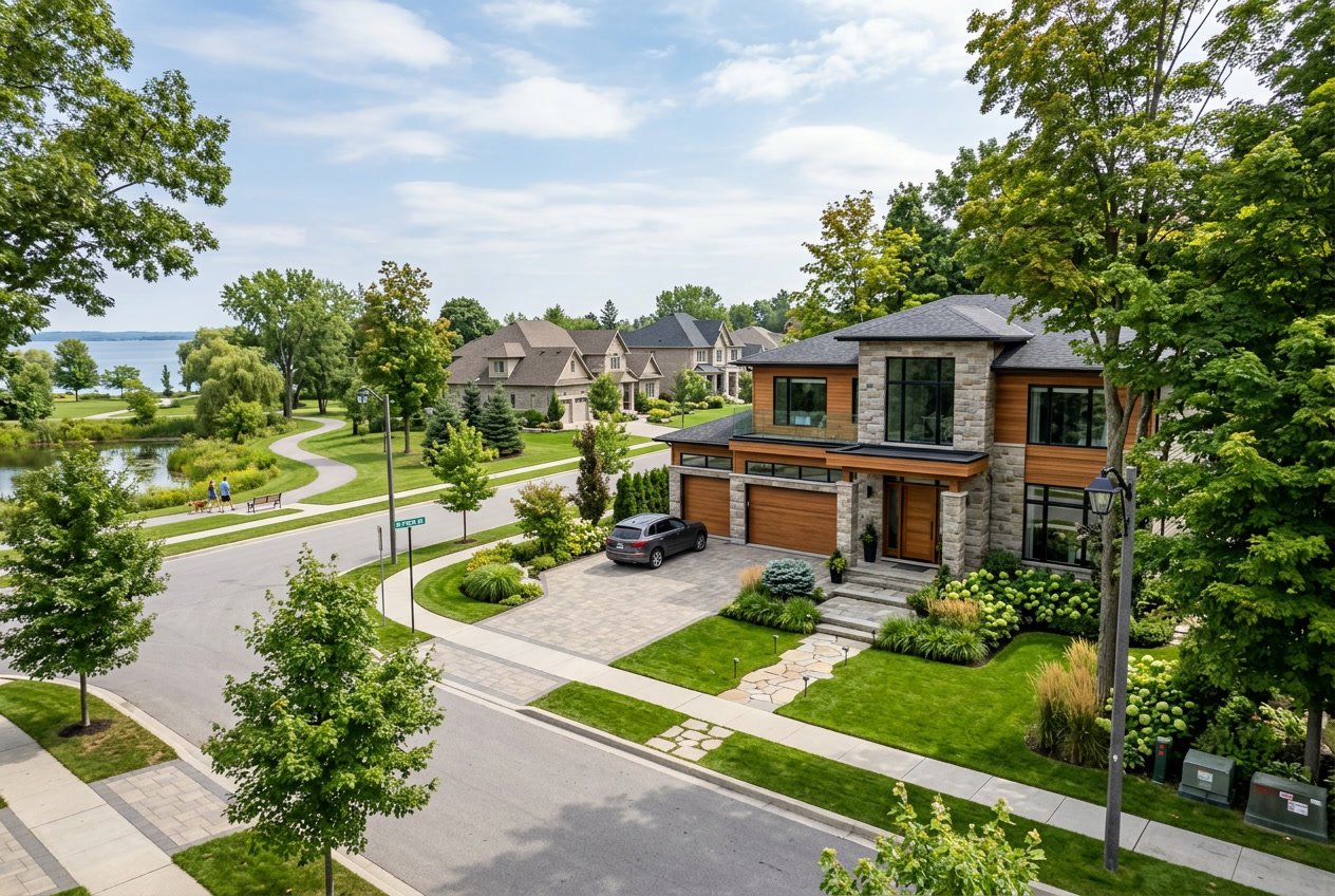 A luxurious custom home surrounded by trees and greenery in a peaceful Belleville neighbourhood with a park and other homes nearby.