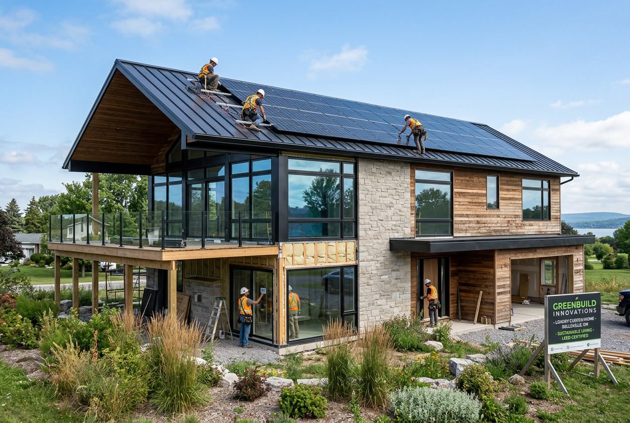 A luxury custom home under construction with solar panels and eco-friendly materials, surrounded by green landscaping and workers installing advanced features.