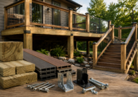 Various decking materials and fasteners laid out for construction