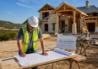 Construction worker reviews house plans beside a custom home under construction