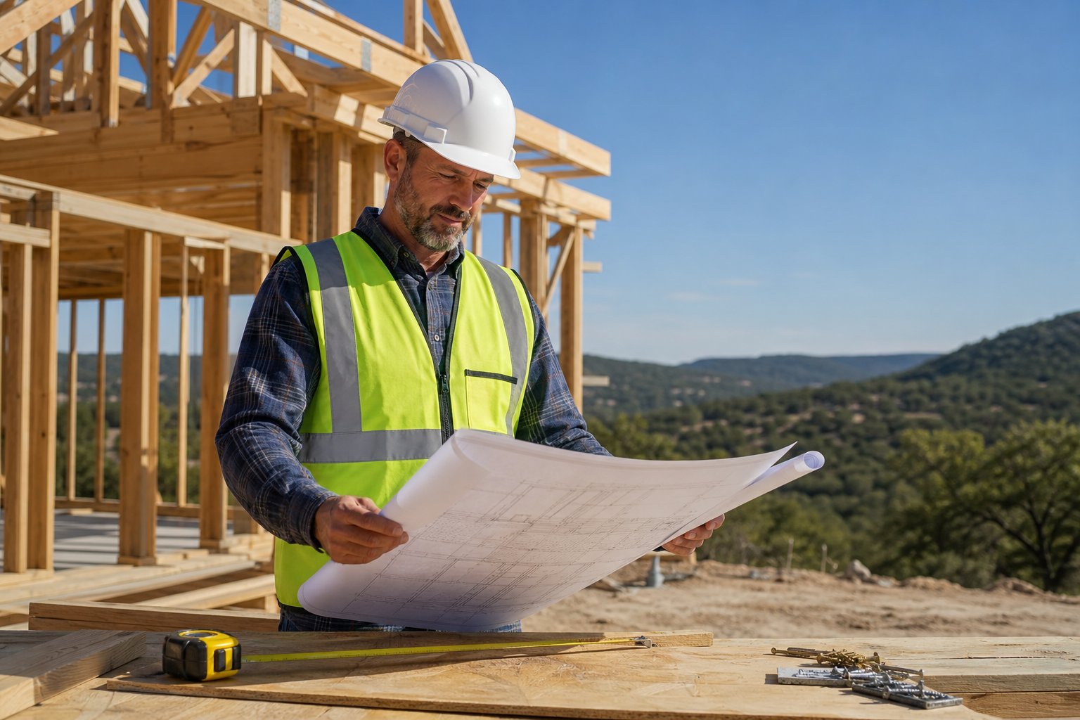 A local builder wearing a hard hat reviews blueprints at a residential construction site with wooden framing and hills in the background.