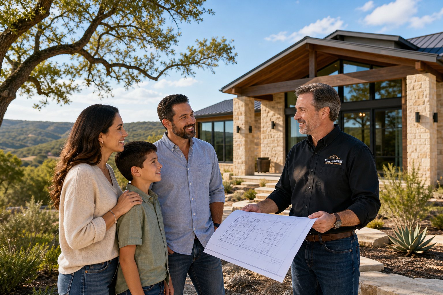 A family and a home builder discussing plans outside a modern home surrounded by trees and hills in Kerrville, Texas Hill Country.
