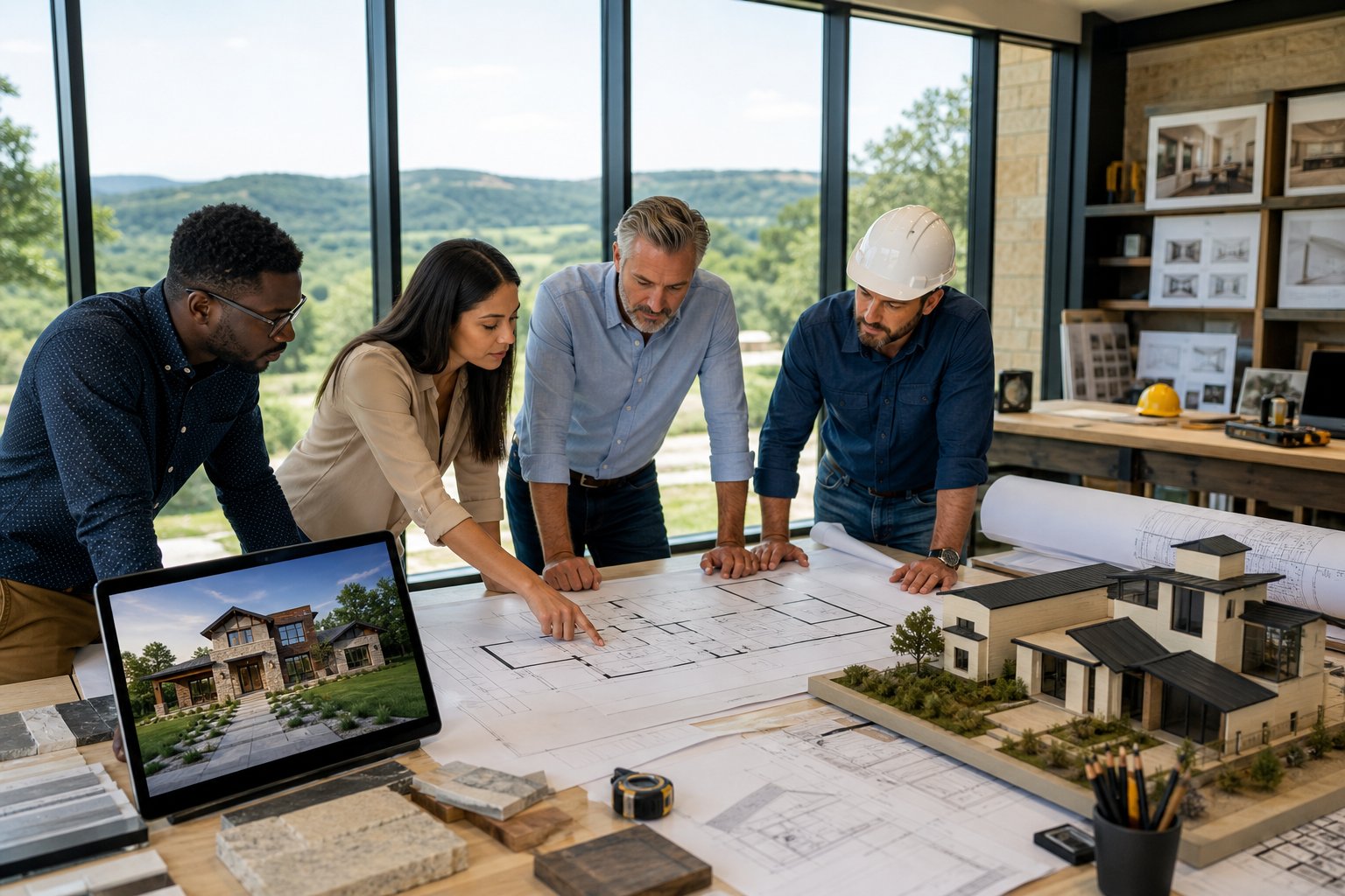 A team of architects and builders reviewing blueprints and 3D models of a custom home in a bright office with a view of the Texas hill country.