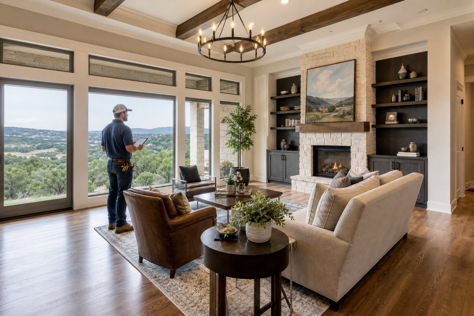 A finished custom home interior with a builder inspecting the space, featuring hardwood floors and large windows showing a Texas Hill Country view.
