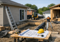 Home addition construction site with blueprints, equipment, and framing